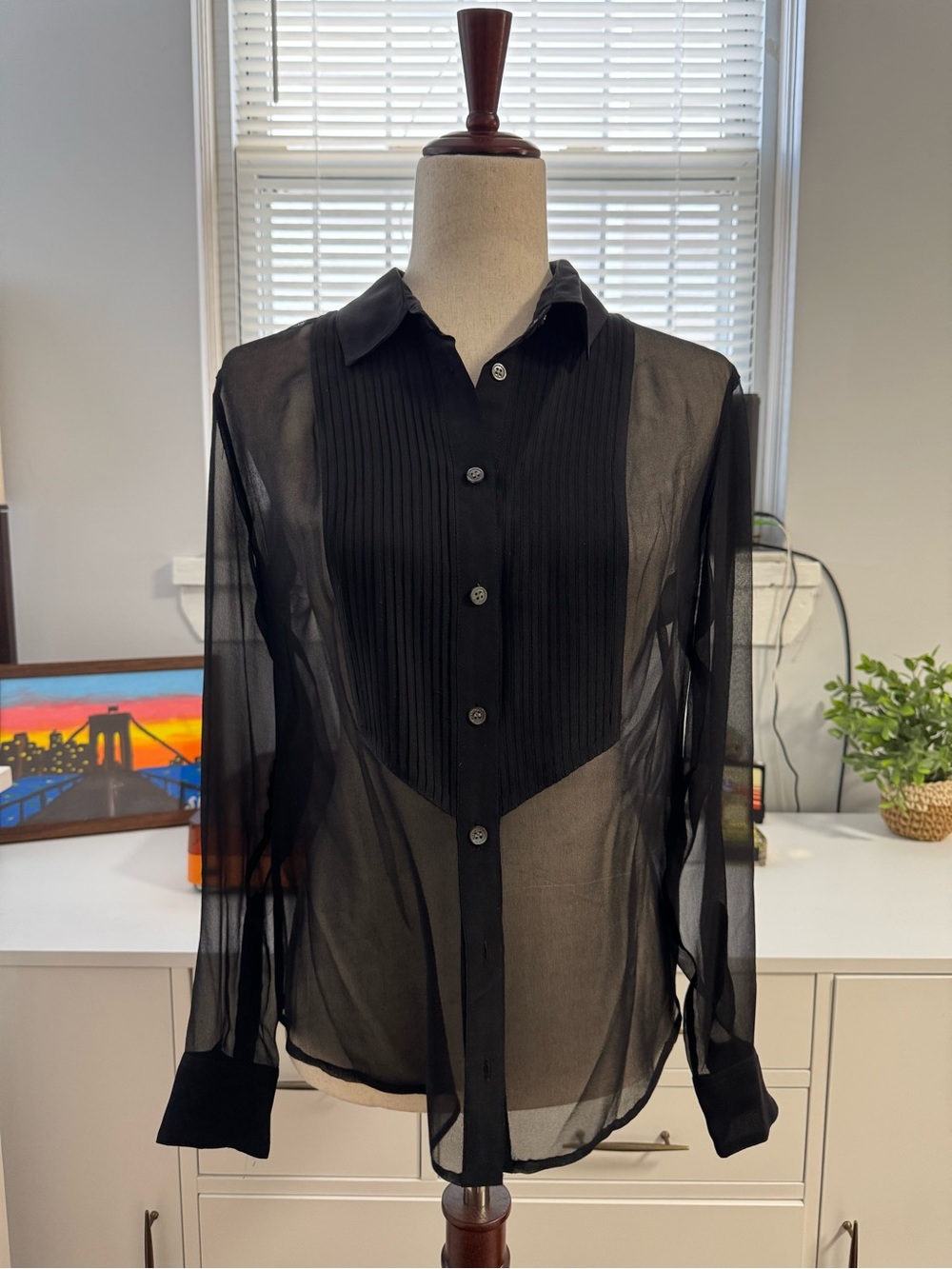 Equipment Femme Black Silk Sheer Tuxedo Blouse Size S